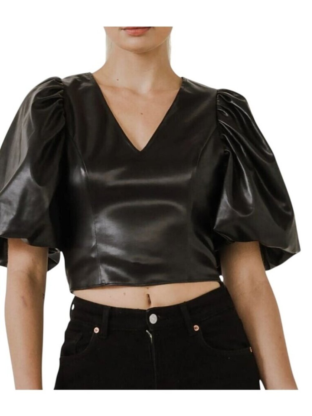 NWT Endless Rose Puff Sleeve Faux Leather Top Black Size Medium
